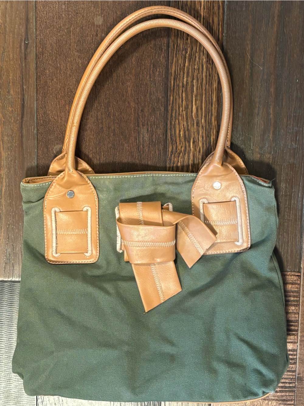 Vintage Tommy Hilfiger Utility Canvas Tote Bag - Olive Green & Tan Leather Knot